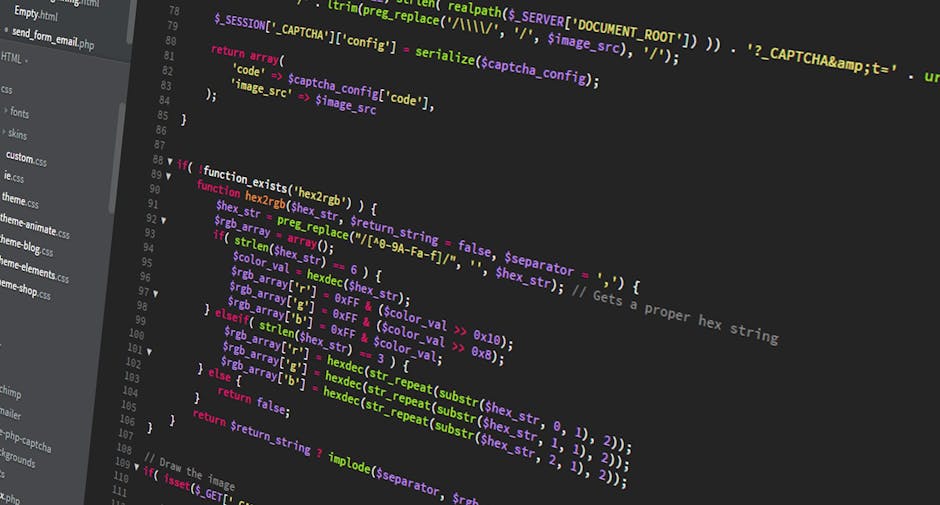 A computer screen displaying a code editor with syntax-highlighted JavaScript code, featuring functions and variables related to web development. The code is organized into sections with colored text 